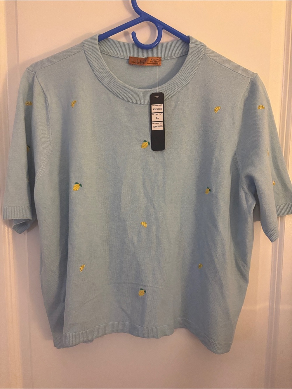 Belldini Light Blue Short-Sleeve Crewneck Sweater with Lemon Embroidery
